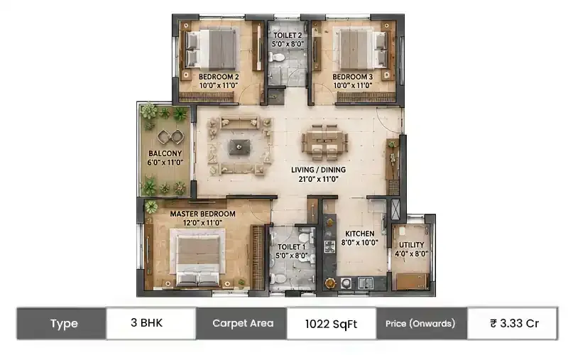 Kalpataru Elitus 3 BHK floor plan, 1022 sq ft carpet area