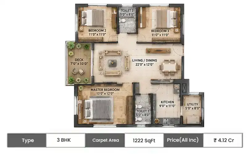 Kalpataru Elitus 3 BHK With Deck floor plan, 1222 sq ft carpet area