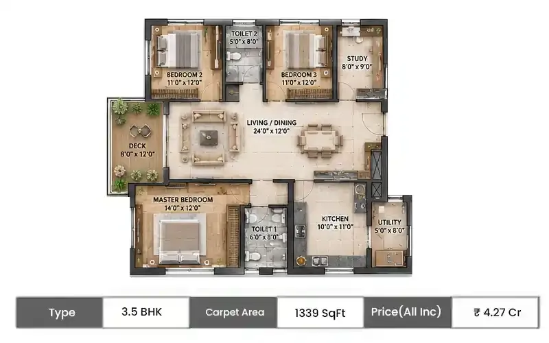 Kalpataru Elitus 3.5 BHK With Deck floor plan, 1339 sq ft carpet area
